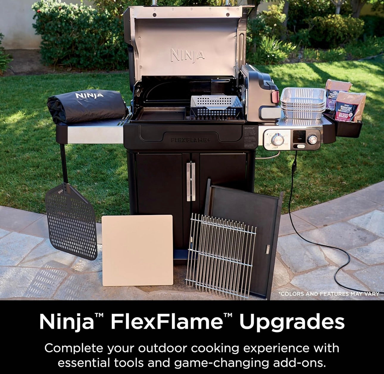 Ninja FlexFlame, Rooster en Roker, Elektriese en Propaanbraaier, Rooster, Braaier, 5-in-1 Kookstelsel, 3 Branders, Digitale Beheer, Buitekook, Bakplaat, Pizzamaker - Vlekvrye Staal (PG301)