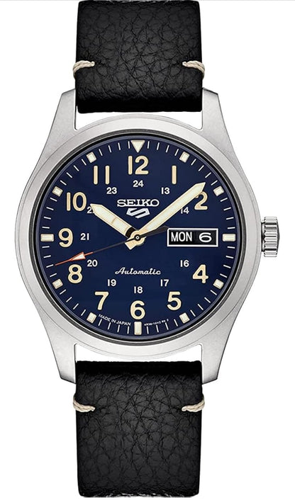 SEIKO Horlosie Outomaties met Handopwinding, Blou Wysplaat, Vlekvryestaal-kas, Swart Leerband, 100m Waterbestand