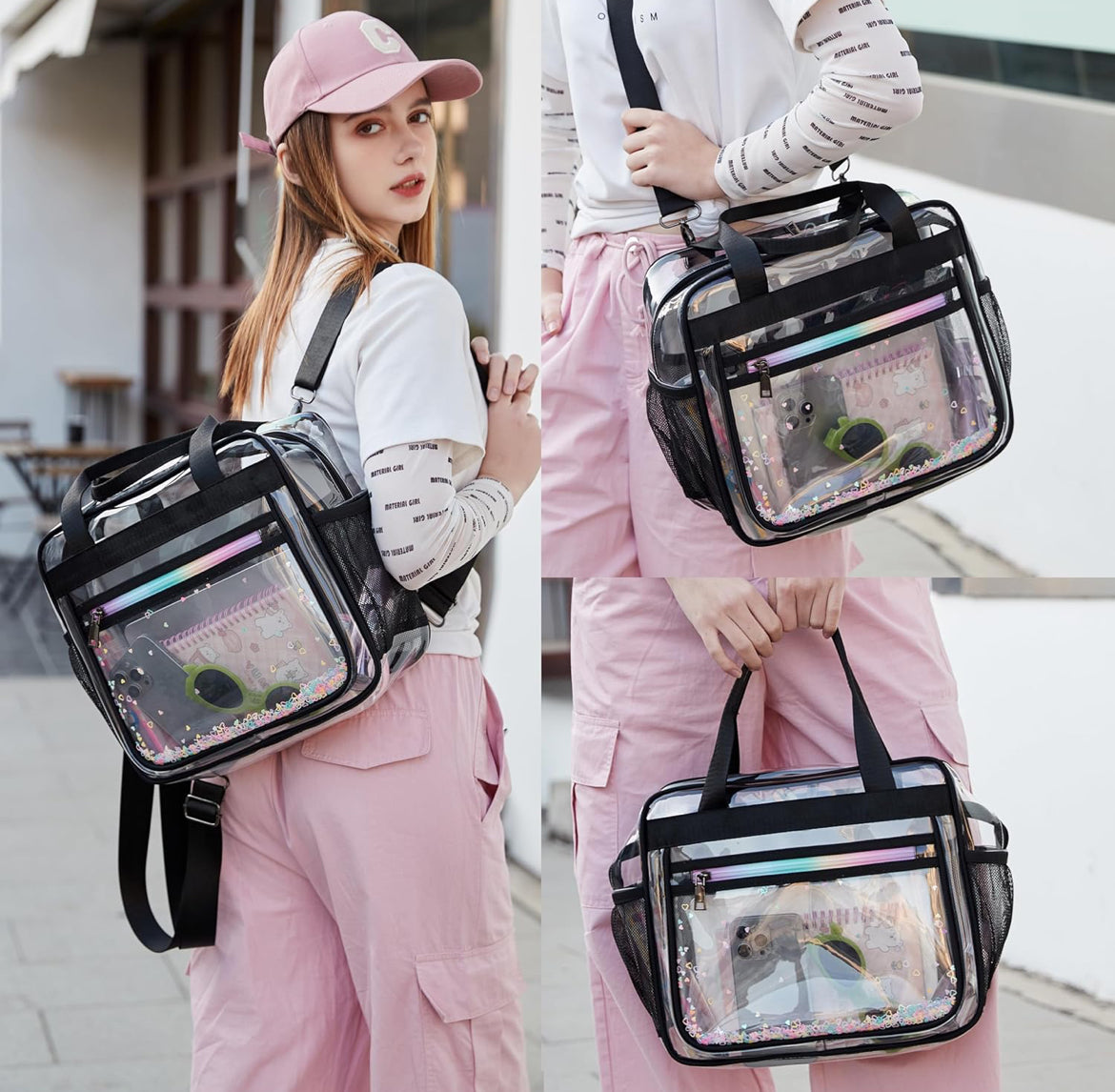 Clear Beach Bag Travel Tote Transparent Backpack for Women Girls Stadium Approved Crossbody Messenger Shoulder Handbag