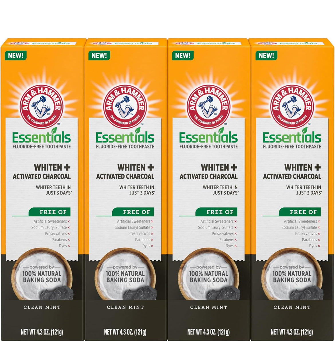 ARM & HAMMER Essentials Fluoride-Free Toothpaste Whiten + Activated Charcoal (Pack of 4)4.3oz - Clean Mint