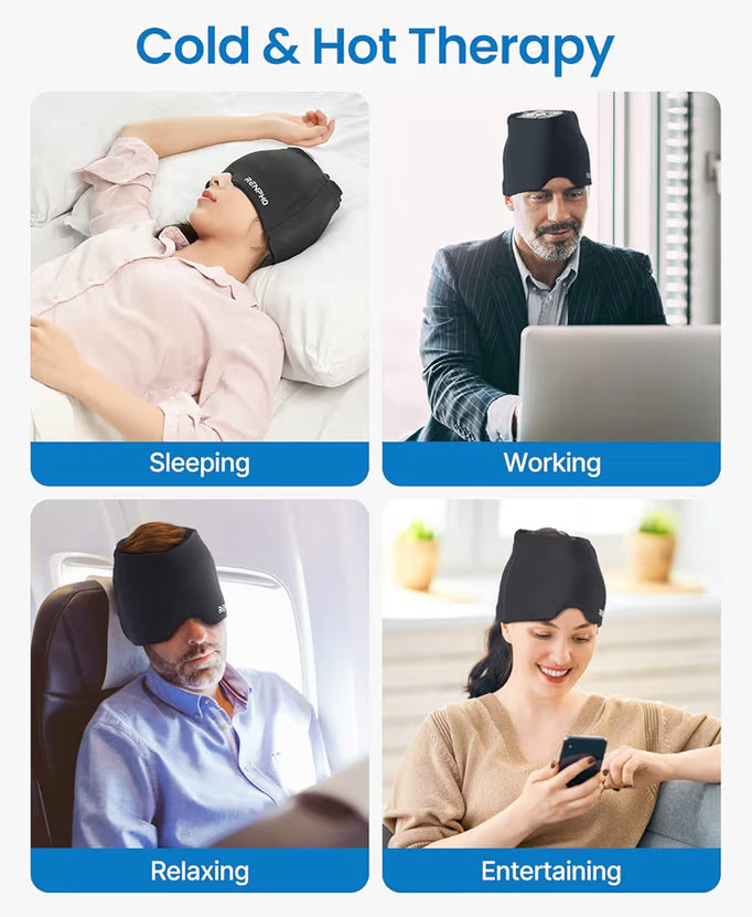 Migraine Relief Cap Ice Head Wrap with Hot or Cold Therapy - Ice Face Mask (Black)