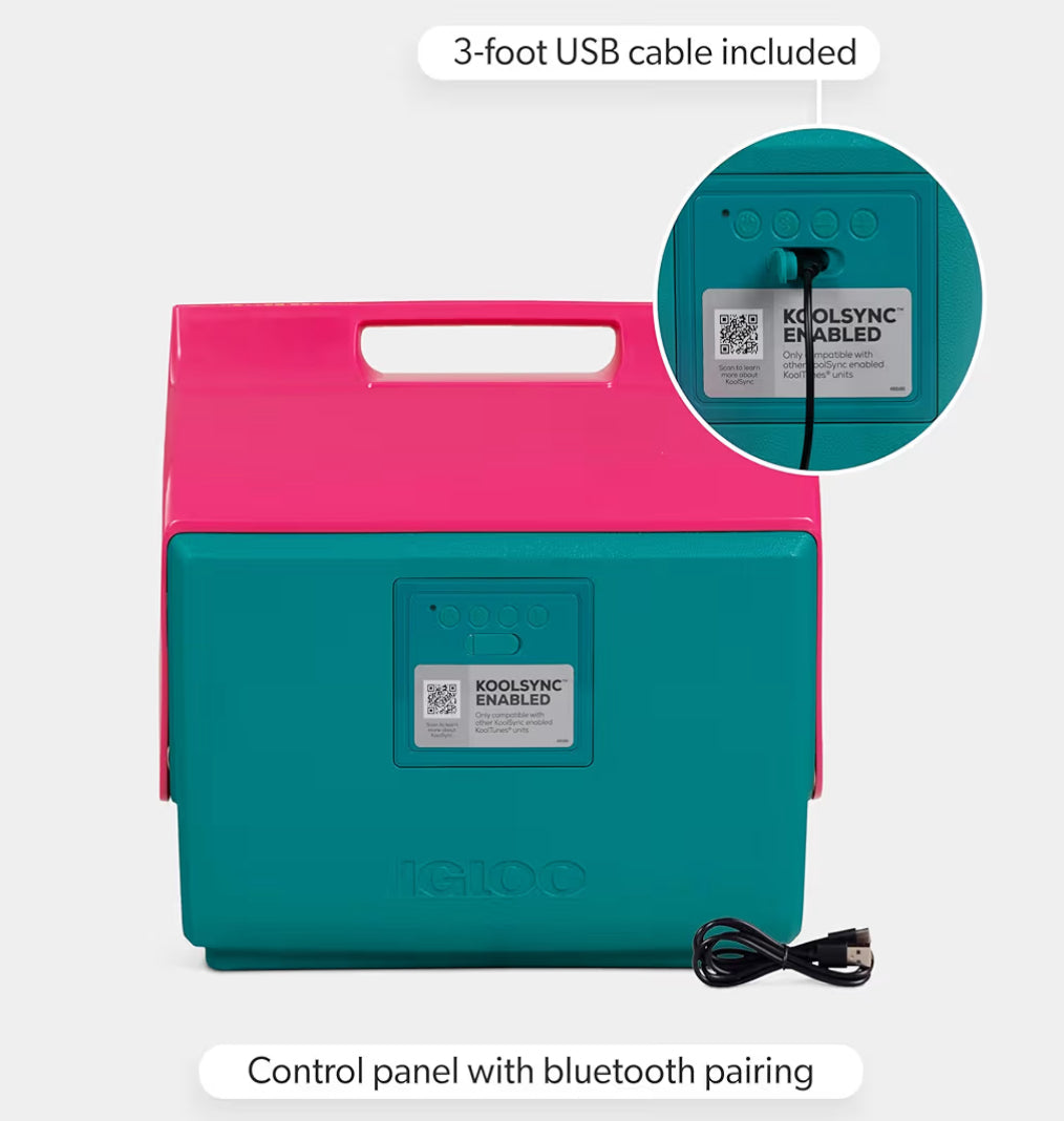 Igloo KoolTunes Retro Cooler – 14 Qt Playmate Bluetooth Boombox w/ Built-In Speakers (Jade - Pink)