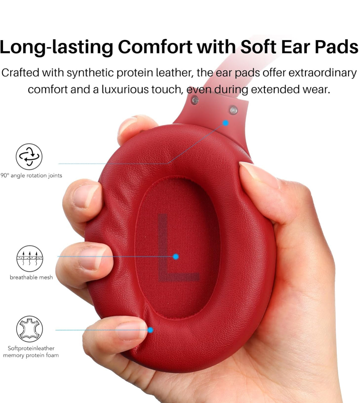 HT2 Hybrid Active Noise Cancelling Headphones, Wireless Over Ear Bluetooth Headset, 60H Playtime - Red