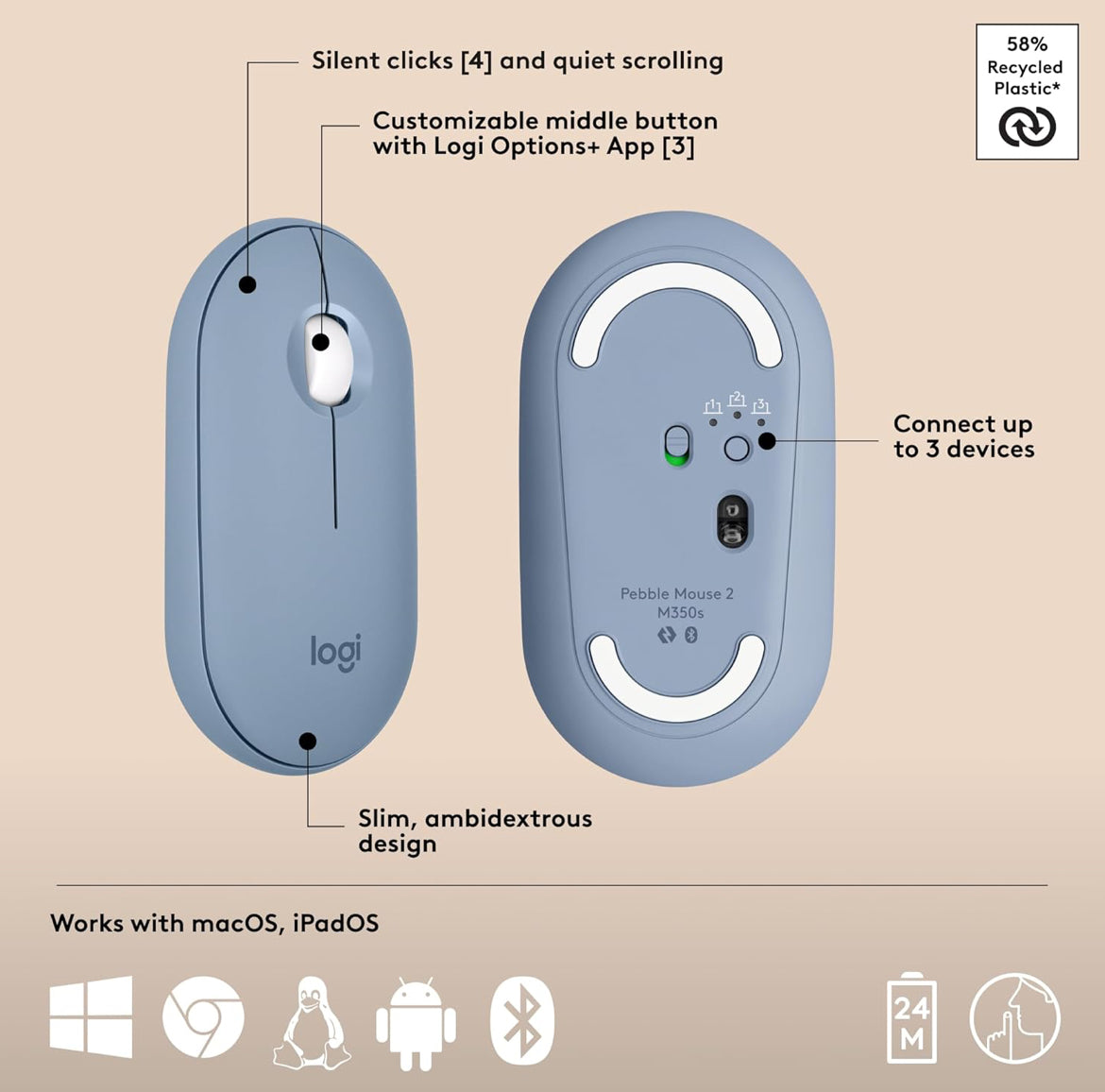 Logitech Pebble 2 Combo for Mac, Wireless Keyboard and Mouse, Slim, Quiet and Portable, Customizable, Bluetooth Mouse and Keyboard, Easy-Switch, for macOS, iPadOS - Tonal Blue