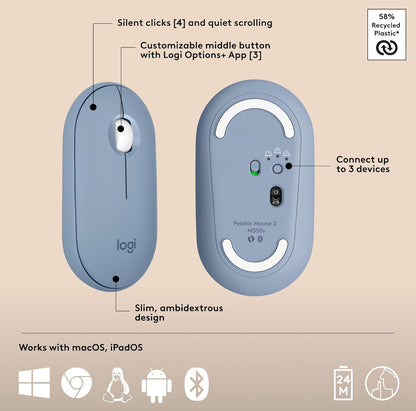 Logitech Pebble 2 Combo vir Mac, Draadlose Sleutelbord en Muis, Skraal, Stil en Draagbaar, Aanpasbaar, Bluetooth-Muis en -Sleutelbord, Maklik-Skakel, vir macOS, iPadOS - Tonal Blou