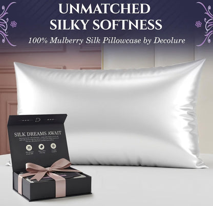 DECOLURE 100% Pure Mulberry Silk Pillow Case Standard Size – Highest Grade 30 Momme 6A+, Luxuriously Soft & Cooling Silk Pillowcase for Hair & Skin, Hypoallergenic, Breathable, Hidden Zipper (White)