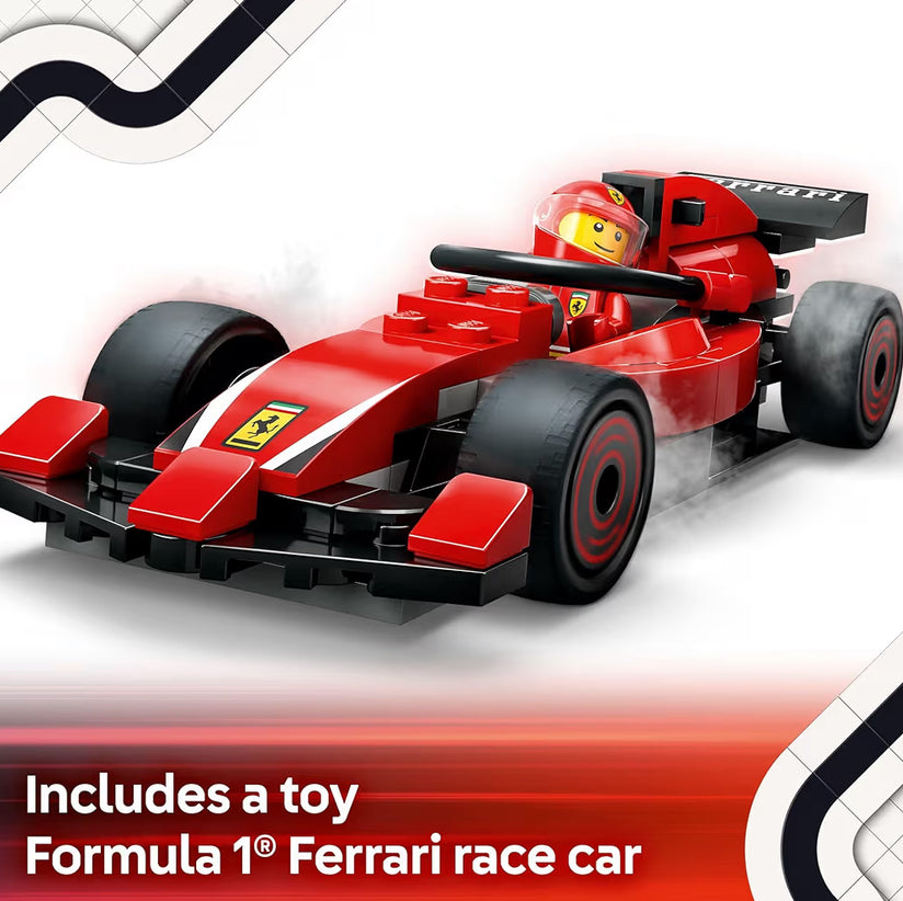 LEGO City F1 Kuipstop & Kuiperspan met Ferrari-motor speelding - Modelrenboustel F1-versamelaarstuk