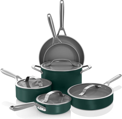 Ninja Ceramic Pro 10-stuk Potstel, Kleefvrye Pot- en Panstel met Glasdeksels, PTFE-vry, Keramiekbedekking, Oondveilig, Alle Stoofplate & Induksieversoenbaar, British Racing Green,
