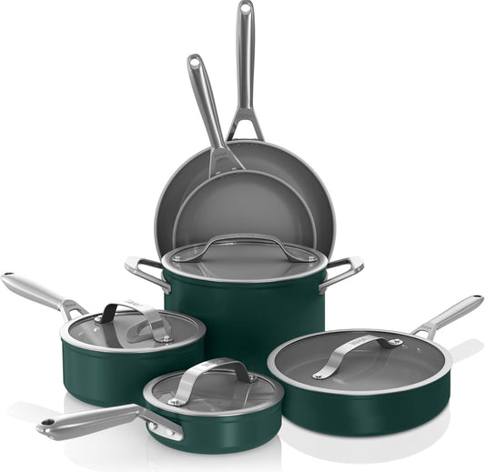 Ninja Ceramic Pro 10-stuk Potstel, Kleefvrye Pot- en Panstel met Glasdeksels, PTFE-vry, Keramiekbedekking, Oondveilig, Alle Stoofplate & Induksieversoenbaar, British Racing Green,