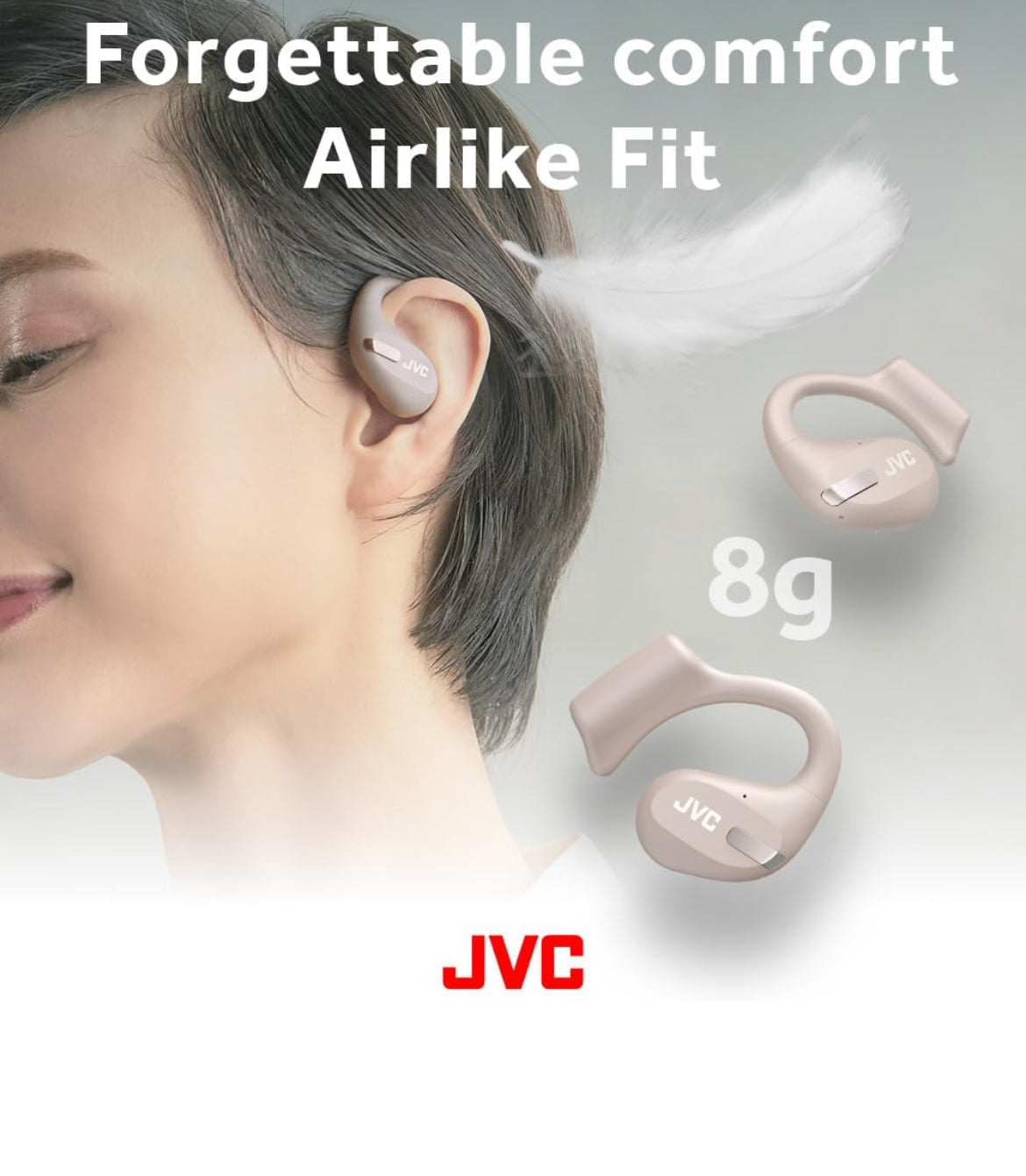 JVC Nuwe Oopoor Ware Koordlose Oorfone met 16mm Groot Drywers vir Kragtige Klank, Enkeloor-gebruik, Kompakte Grootte, en Lang Batterylewe (tot 38 Uur) - HANP50TC (Beige)