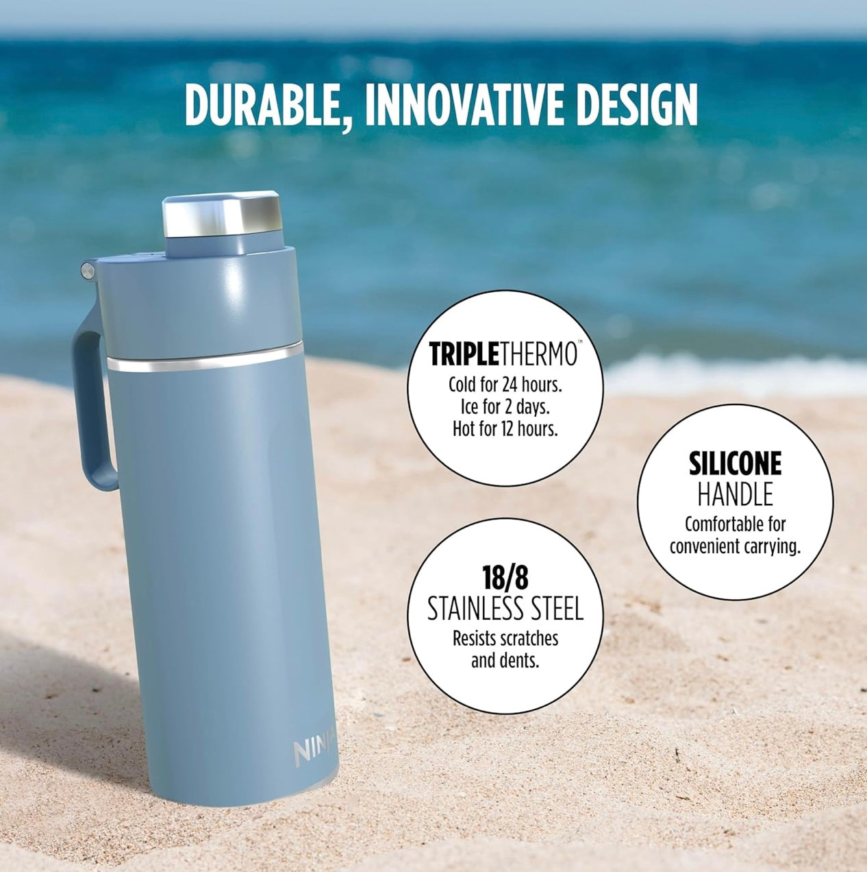 Ninja DW2401BL Thirsti 24oz Reiswaterbottel Lekvry, 24 Uur Koud, Skottelgoedwasser Veilig, Roesvrye Staal Geïsoleerde Tuimelaar - Stormblou