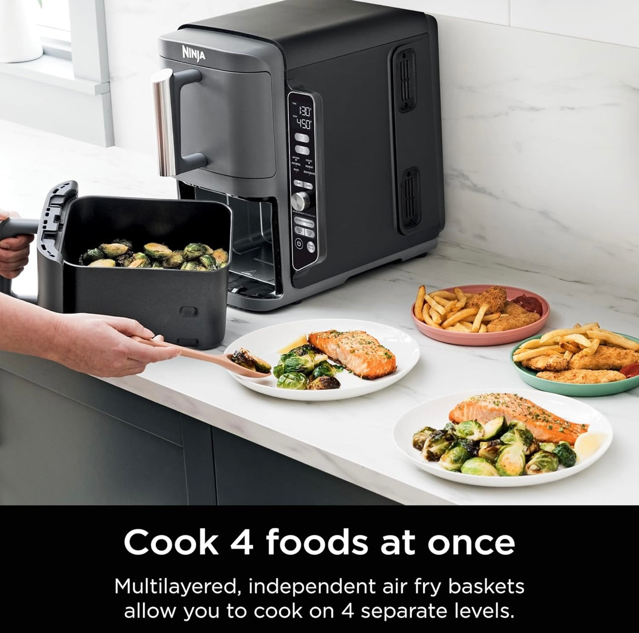 Ninja Air Fryer, 10QT DoubleStack XL 2-Basket, Compact Design, Cooks 5lb Whole Chicken, Feeds Up to 8 People, 6-in-1 Air Fryer - Grey, SL401
