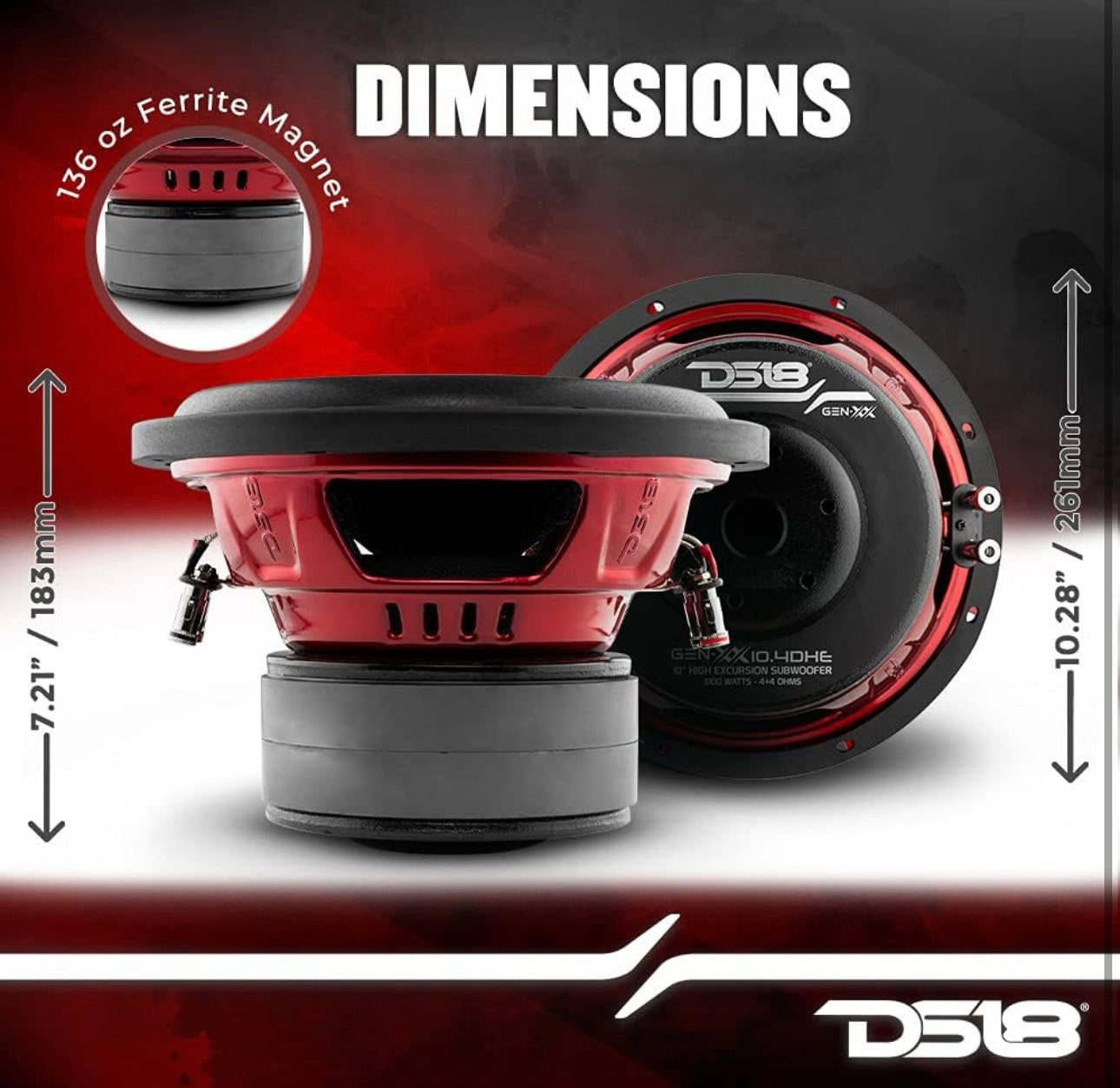 DS18 GEN-XX10.4DHE 10" High Excursion Car Subwoofer 1000 Watts Max Dual Voice Coil  (1 PC)