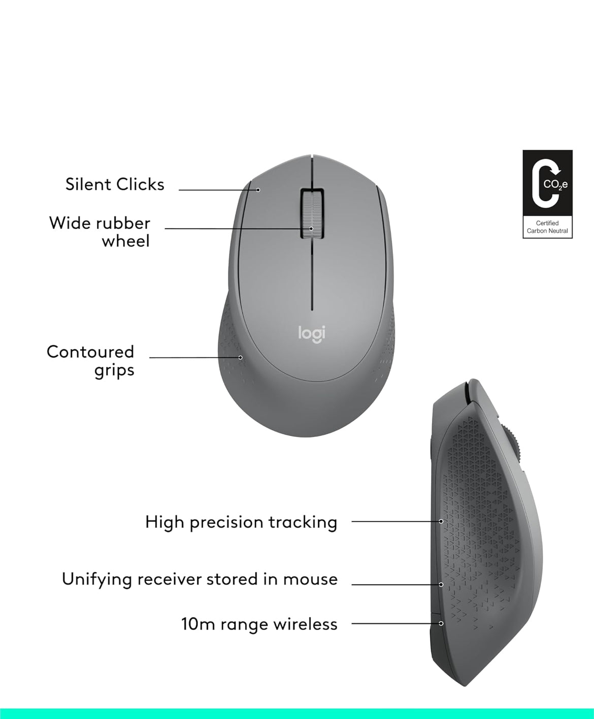 Logitech M330 SILENT Draadlose Muis, 2.4GHz met USB-ontvanger, Optiese Opsporing, Stil en Liggewig, Lang Batterylewe, vir rekenaar, Mac, skootrekenaar, Chromebook - Grys
