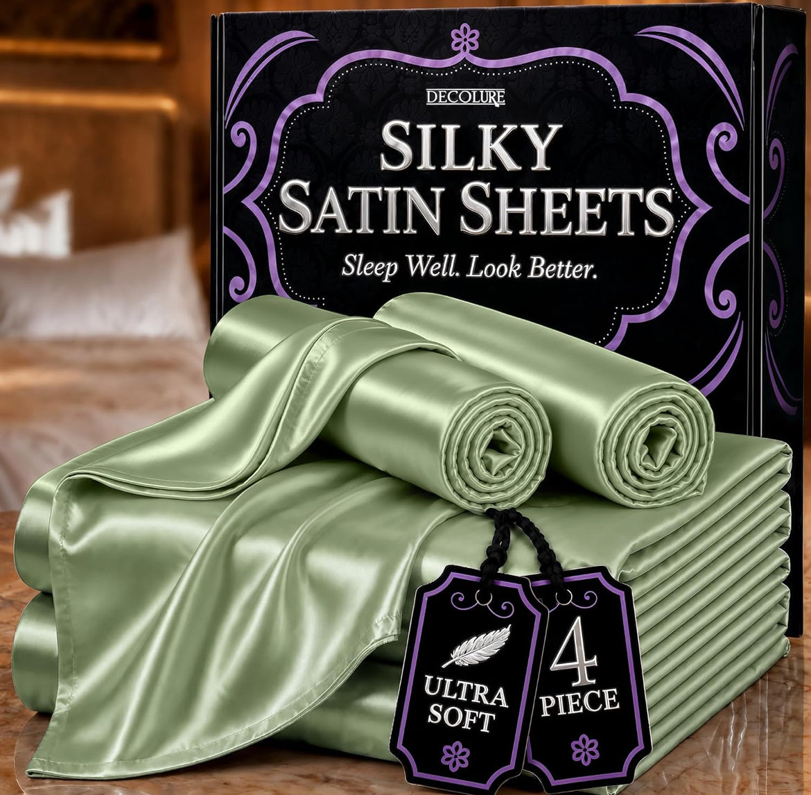 DECOLURE Satin Bed Sheets - 4 Piece Luxury Silky Queen Size Bedding Set - Softer Than Silk, Wrinkle-Free with 15” Deep Pocket Fitted Sheet, Perfect for Hair & Skin, Gifts for Women (Sage Green)