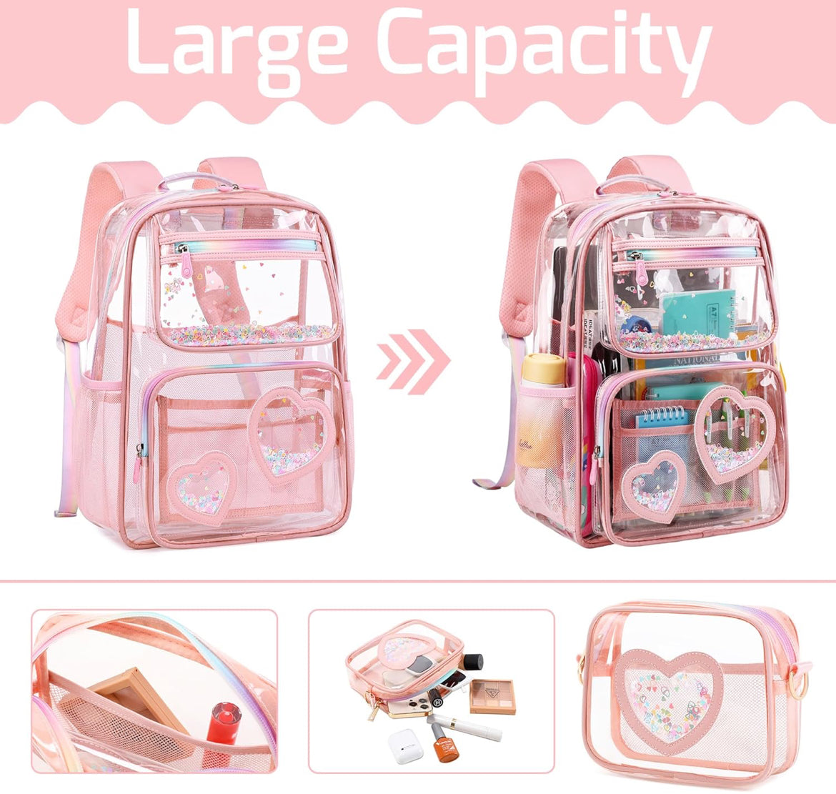 Girls Clear Backpack,2 PCS Large Backpacks Set,Heavy Duty Bookbag Stadium Approved Daypack Transparent Women Bag See Through Daypack for Kids Elementary Middle School Students Teens Sport Pink