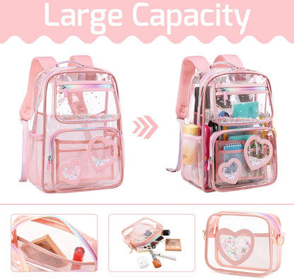 Girls Clear Backpack,2 PCS Large Backpacks Set,Heavy Duty Bookbag Stadium Approved Daypack Transparent Women Bag See Through Daypack for Kids Elementary Middle School Students Teens Sport Pink