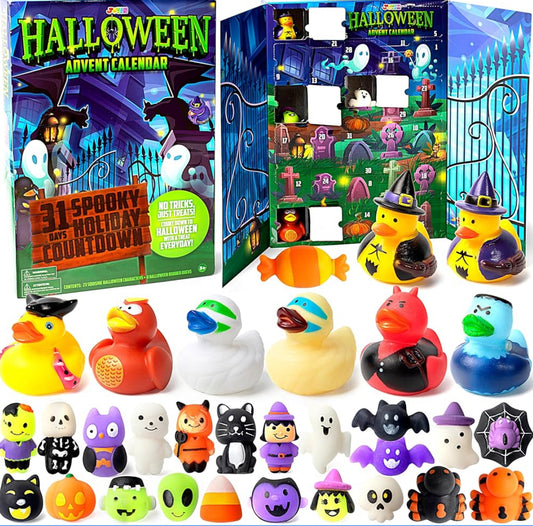 JOYIN Halloween Adventskalender 2025 met Verrassing Speelding, 31 Dae Vakansie Aftelling na Halloween met Mochi en Verrassing Rubber Eend, Aftelling Kalender Speelding vir Kinderpartytjie Gunsies, Soet of Suur
