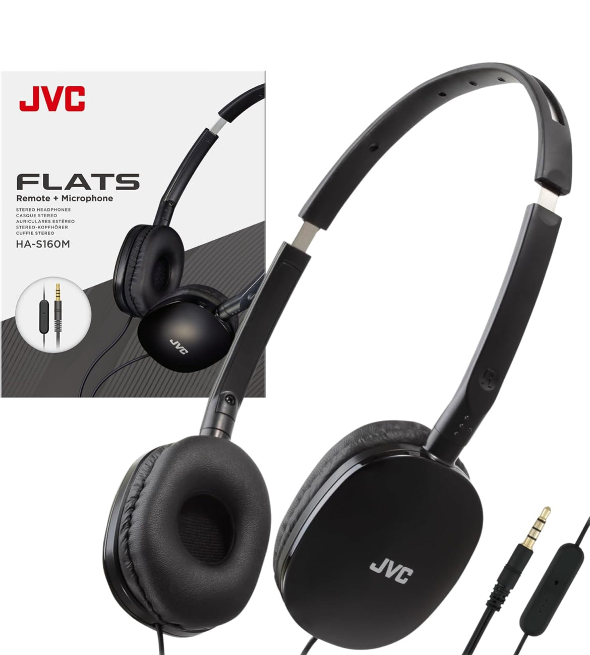 JVC Flats Oor-op-Oor Bedrade Oorfone - Plat Opvoubare Ontwerp - 30mm Drywer vir Kragtige Klank - Sagte Oorkussings vir Gemak – Staalkopband - Liggewig en Draagbaar - PC/Skootrekenaar/Spel - 3.5mm Slank Prop