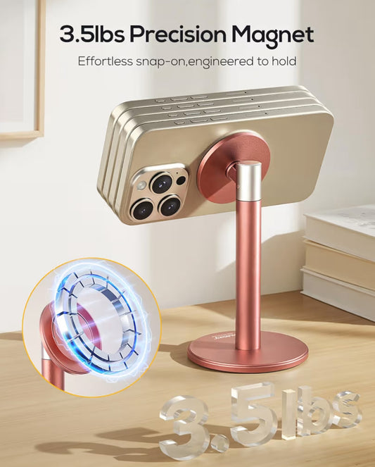 Magnetic Fully Aluminum Phone Stand, 360 Rotating for Desk w/ Metal Ring, Adjustable Holder with MagSafe Case - Pink