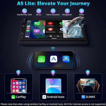 7" Dubbel-din-motorstereo met trurukamera en DVR-dashcam, draadlose CarPlay en Android Auto, WiFi/Bluetooth/USB-verbinding, DSP/FM/AM/SWC-raakskerm
