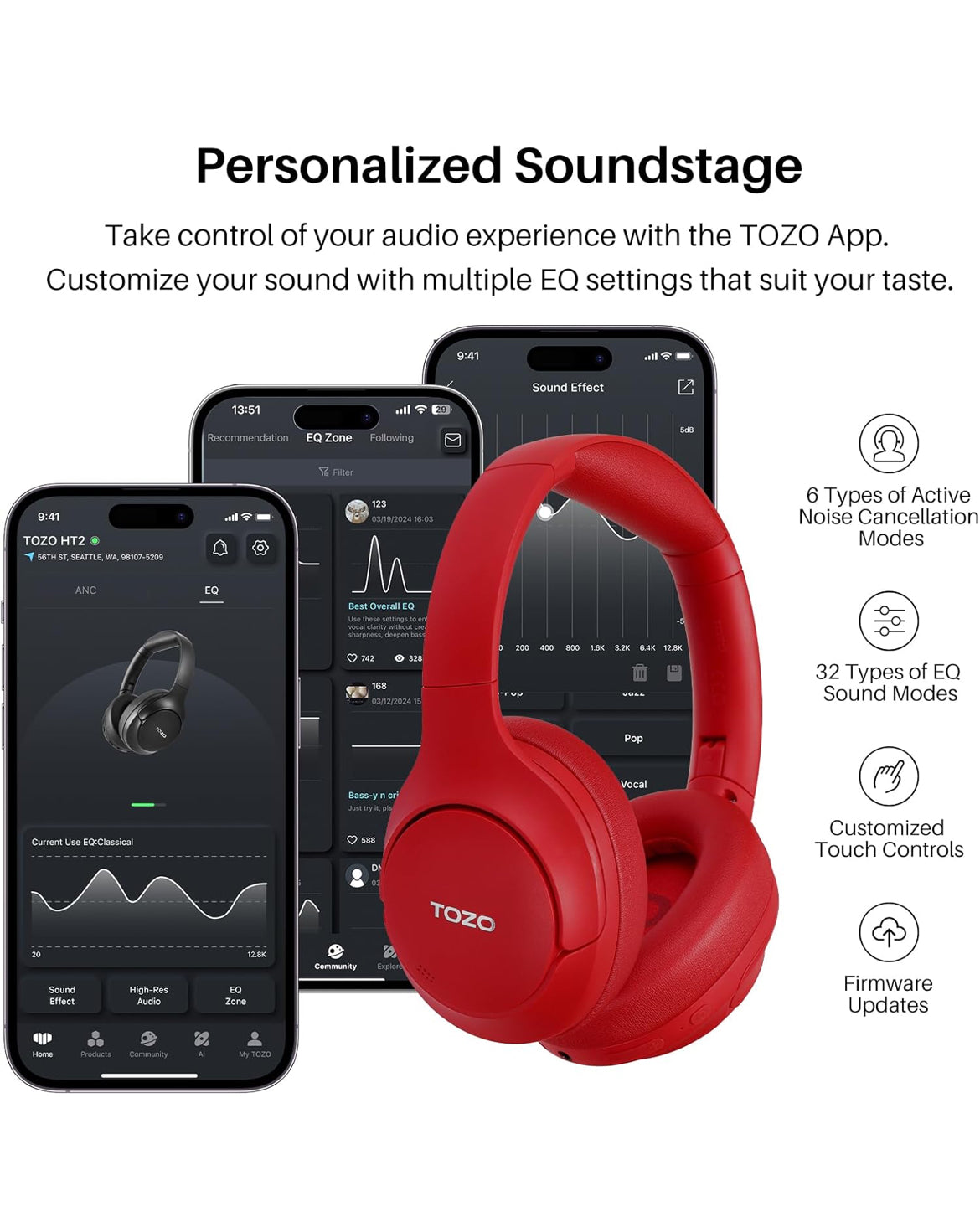 HT2 Hybrid Active Noise Cancelling Headphones, Wireless Over Ear Bluetooth Headset, 60H Playtime - Red