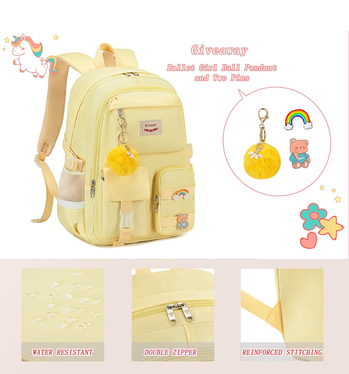 Backpack for girls Laptop Backpacks 15.6 Inch College Cute Bookbag Anti Theft Primary Elementary School Bag Casual Daypack for Teens Girls Women Students （Yellow