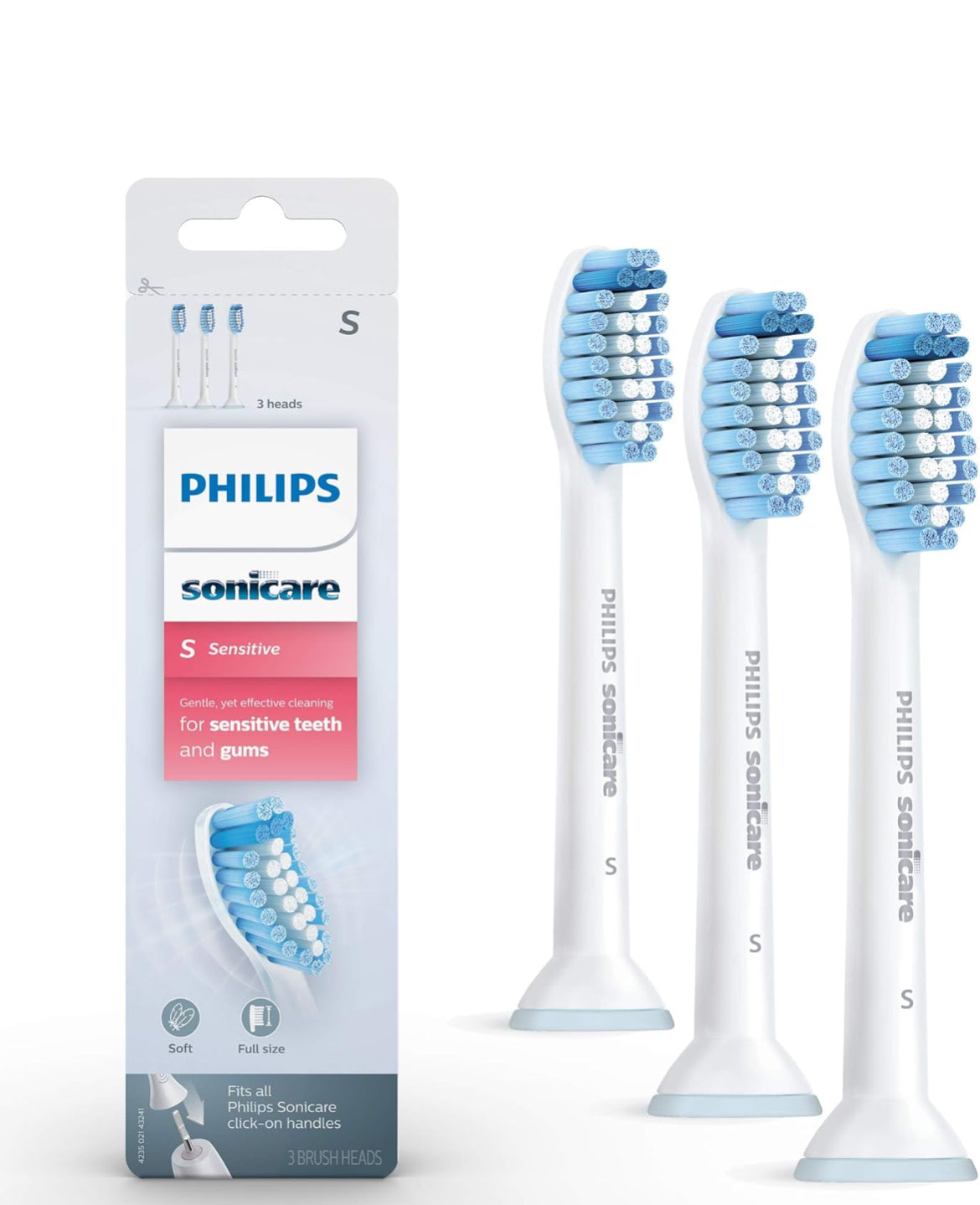 Philips Sonicare Genuine Sensitive Replacement Toothbrush Heads for Sensitive Teeth, 3 Brush Heads (White) HX6053/64
