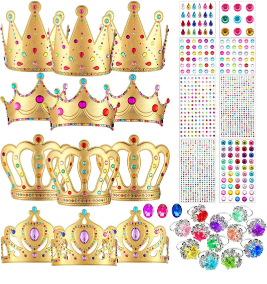 12 PCS Foam Princess Tiaras Crown for Kids 928 Pieces Gem Stickers 12 Gem Rings Craft Making Kits Birthday Party Favors