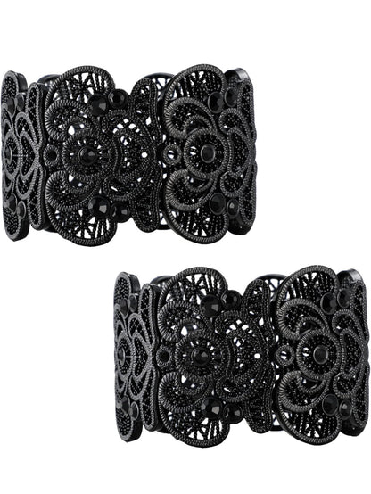 2 Stuks Swart Armband vir Vroue Gotiese Vintage Filigree Juweliersware Damesboeie Armbande Boheemse Kant Armband Kant Manchet Armband Wye Rek Strass Stelling