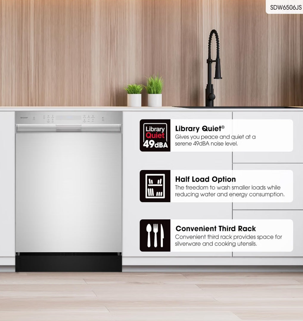 Sharp SDW6506JS 24-inch Stainless Steel Dishwasher, 49 dB, Third Rack, 12 Place Settings, Front Touch Controls