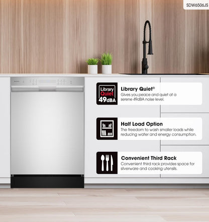 Sharp SDW6506JS 24-inch Stainless Steel Dishwasher, 49 dB, Third Rack, 12 Place Settings, Front Touch Controls