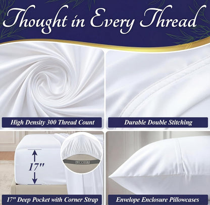 DECOLURE 100% Viscose Derived from Bamboo Sheets Queen Size - Luxury 4 Pc Naturally Cooling Sheets, Ultra Soft Bed Set - Deep 17" Pockets, Durable Double Stitching, Oeko Tex Standard (White)
