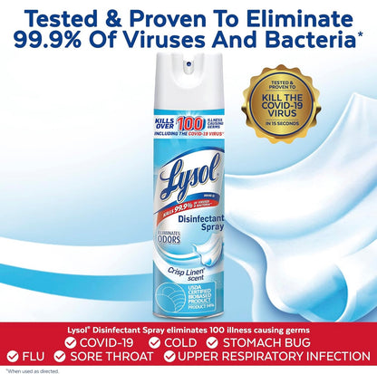 Lysol-bondel wat x2 Lysol-ontsmettingsmiddelsproei vir Harde en Sagte Oppervlakke, Crisp Linen, 538 g + Lysol-lugontsmettingssproei, vir Lugontsmetting en Reukuitskakeling, White Linen, 283 g bevat