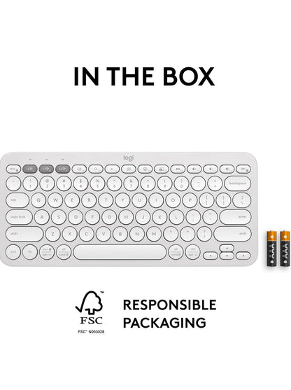 Logitech Pebble Keys 2 K380s, Multi-Toestel Bluetooth Draadlose Sleutelbord met Aanpasbare Kortpaaie, Slank en Draagbaar, Maklike Skakeling vir Windows, macOS, iPadOS, Android, Chrome OS - Tonal White