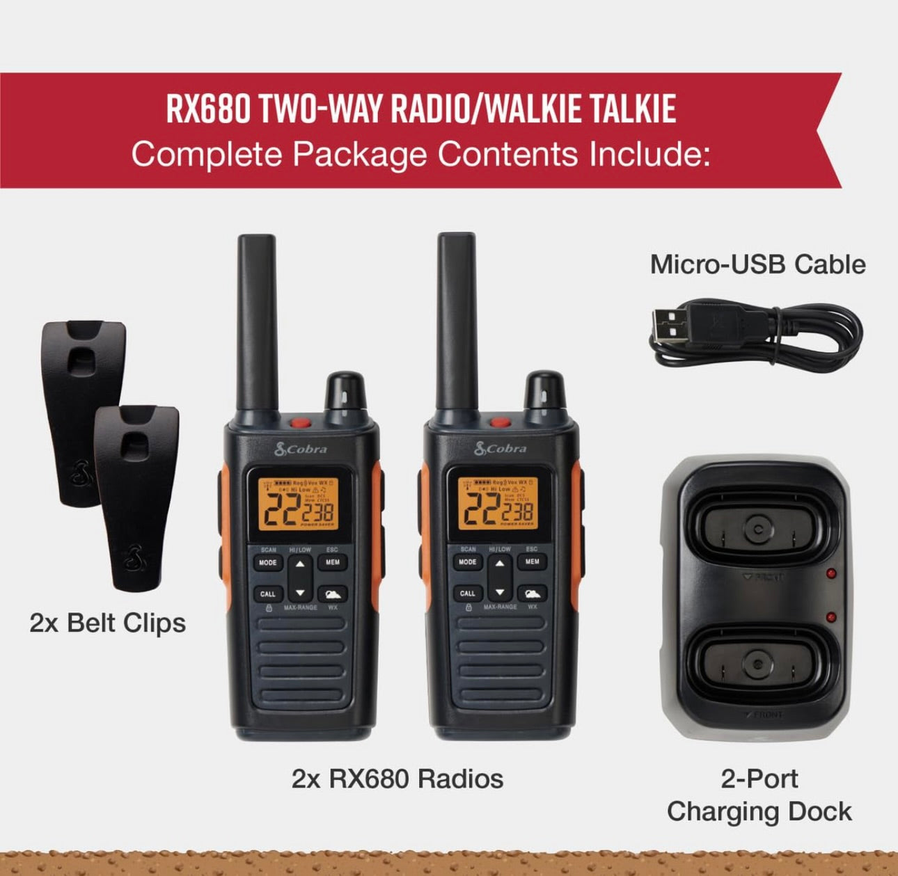 Cobra RX680 Walkie Talkies (2-pak) - Stewige en spatvaste tweeradio’s met lang reikafstand, IP54 Waterbestande ontwerp, 60 Vooraf-geprogrammeerbare kanale, Weerwaarskuwings, Ingeslote laaidok (Swart/Oranje)
