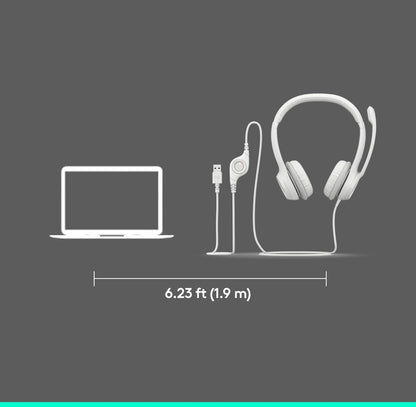 Logitech H390-speletjieshoofoorfone, bedrade koptelefoon met mikrofoon, USB-koptelefoon met mikrofoon vir rekenaar, geraasdempende mikrofoon vir videovergaderings, musiek, speletjies – Spierwit