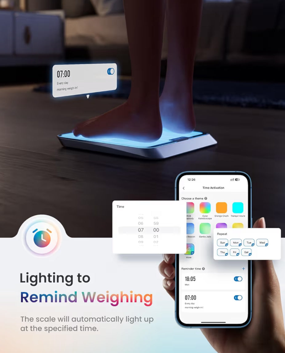 Smart Body Fat Scale w/ RGB Lighting, Rechargeable Scale with BMI, Body Fat, Muscle Mass, Color Changing