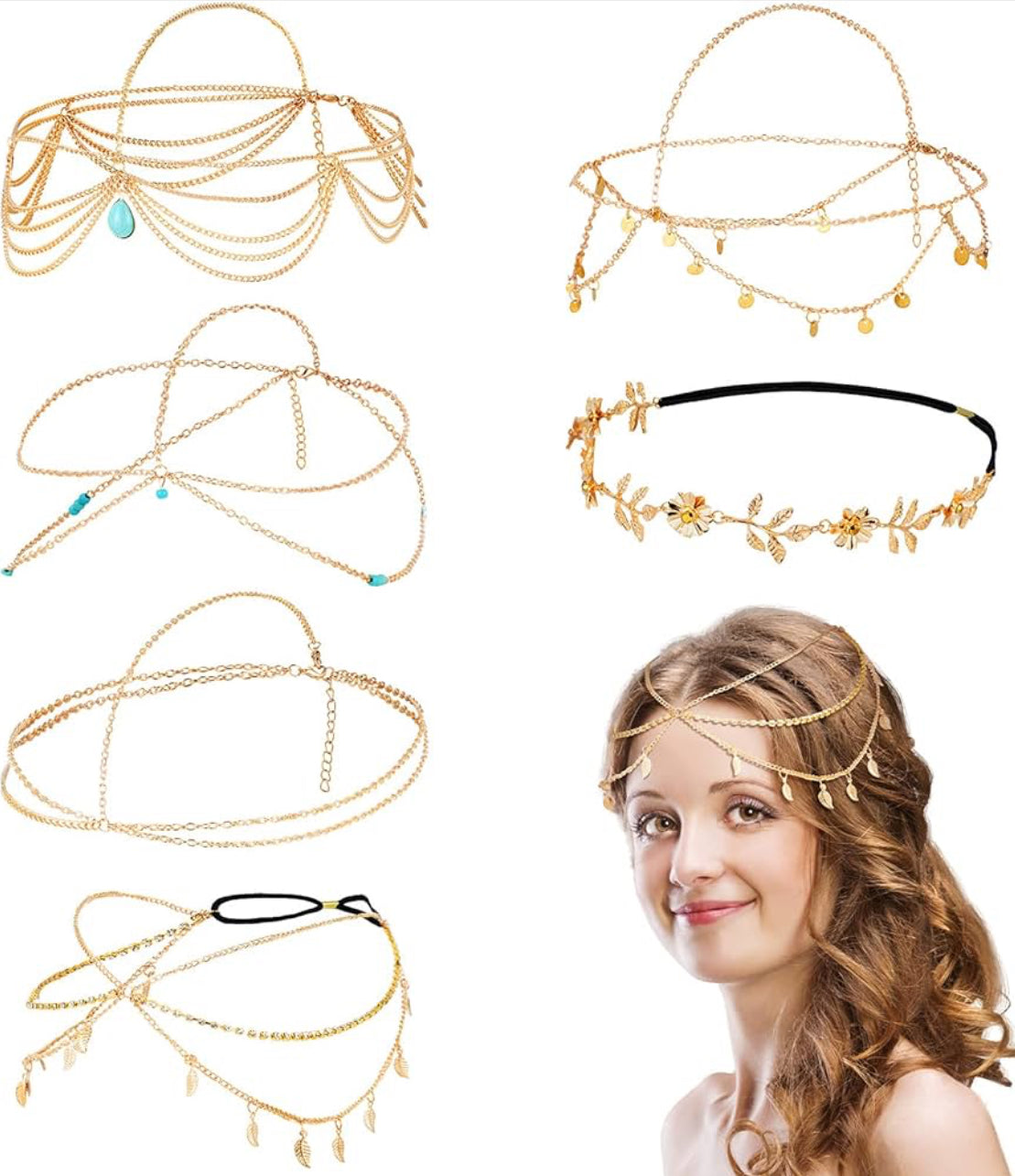 6 Stuks Goue Kopketting Juweliersware Boho Bruidshoofstuk Turkoois Kwassie Hoofbande Boho Haarbykomstighede vir Vroue en Meisies