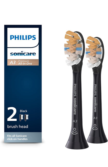 Philips Sonicare Oorspronklike A3 Premium Alles-in-Een Vervangings-tandeborselkoppe, 2 Borselkoppe (Swart) HX9092/95