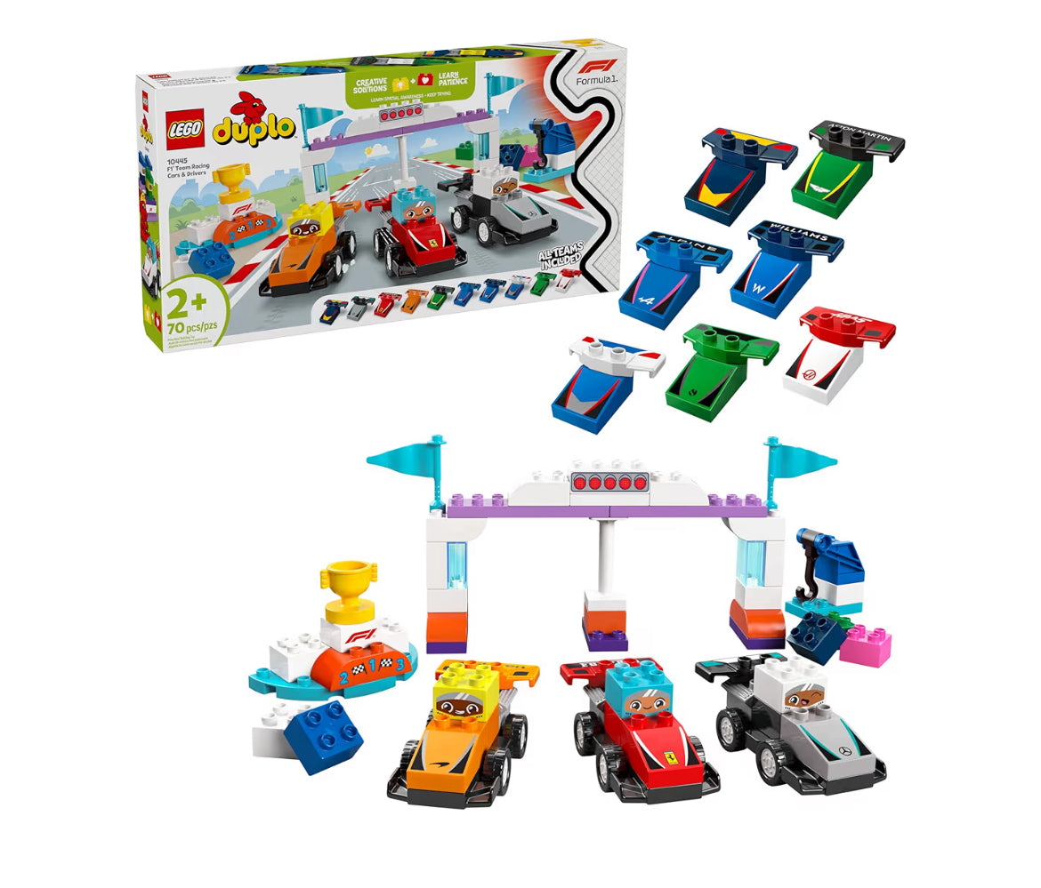 LEGO DUPLO Town F1 Span Renmotors en Drywers Boubare Speelgoedstel – Kleuter Speelgoedmotors vir Voorgee Speel, Seuns en Dogters, Ouderdomme 2+