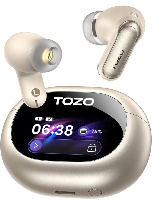 NC20 Pro Active Noise Cancelling Wireless Earbuds with Smart Touch Screen, LDAC Hi-Res Audio, Stereo Bass, 6 Mics AI Call Ear Buds, 80H Playtime, IPX8 Waterproof (Champagne)