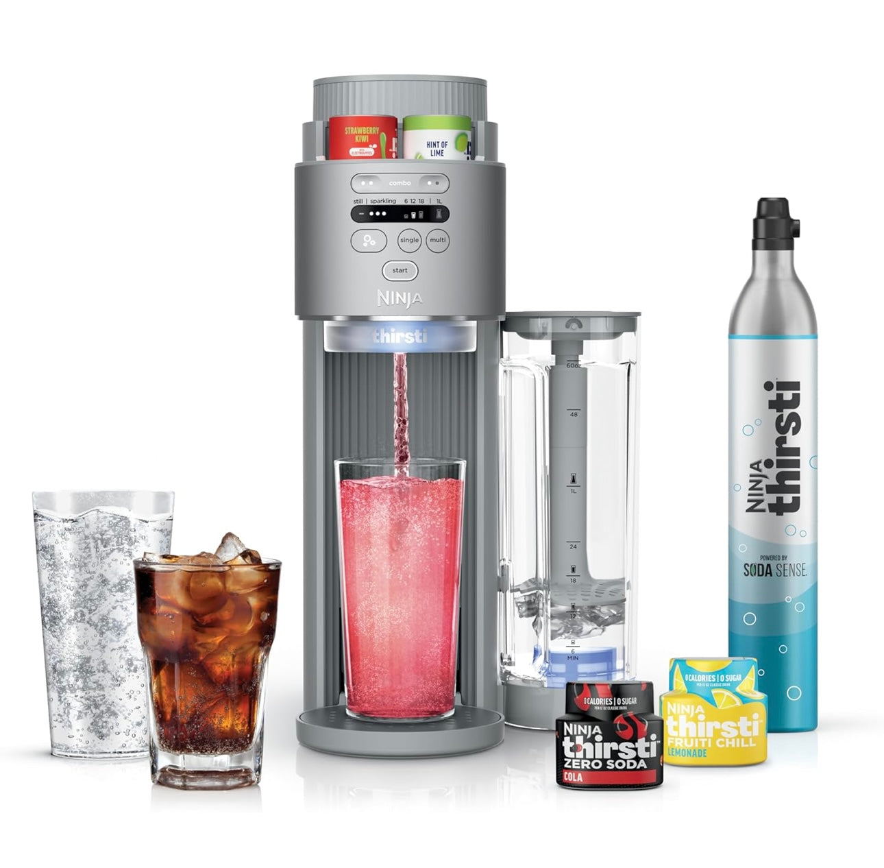 Ninja Thirsti Max Custom Hydration System, Soda Maker, Sparkling Water Maker, Custom Still & Sparkling Drinks, Compact Design, With 60L CO₂ Cylinder & Flavored Water Drops - Silver
