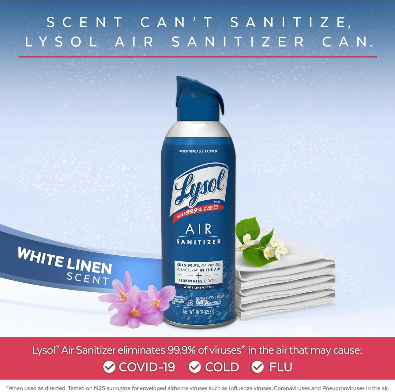 Lysol-bondel wat x2 Lysol-ontsmettingsmiddelsproei vir Harde en Sagte Oppervlakke, Crisp Linen, 538 g + Lysol-lugontsmettingssproei, vir Lugontsmetting en Reukuitskakeling, White Linen, 283 g bevat