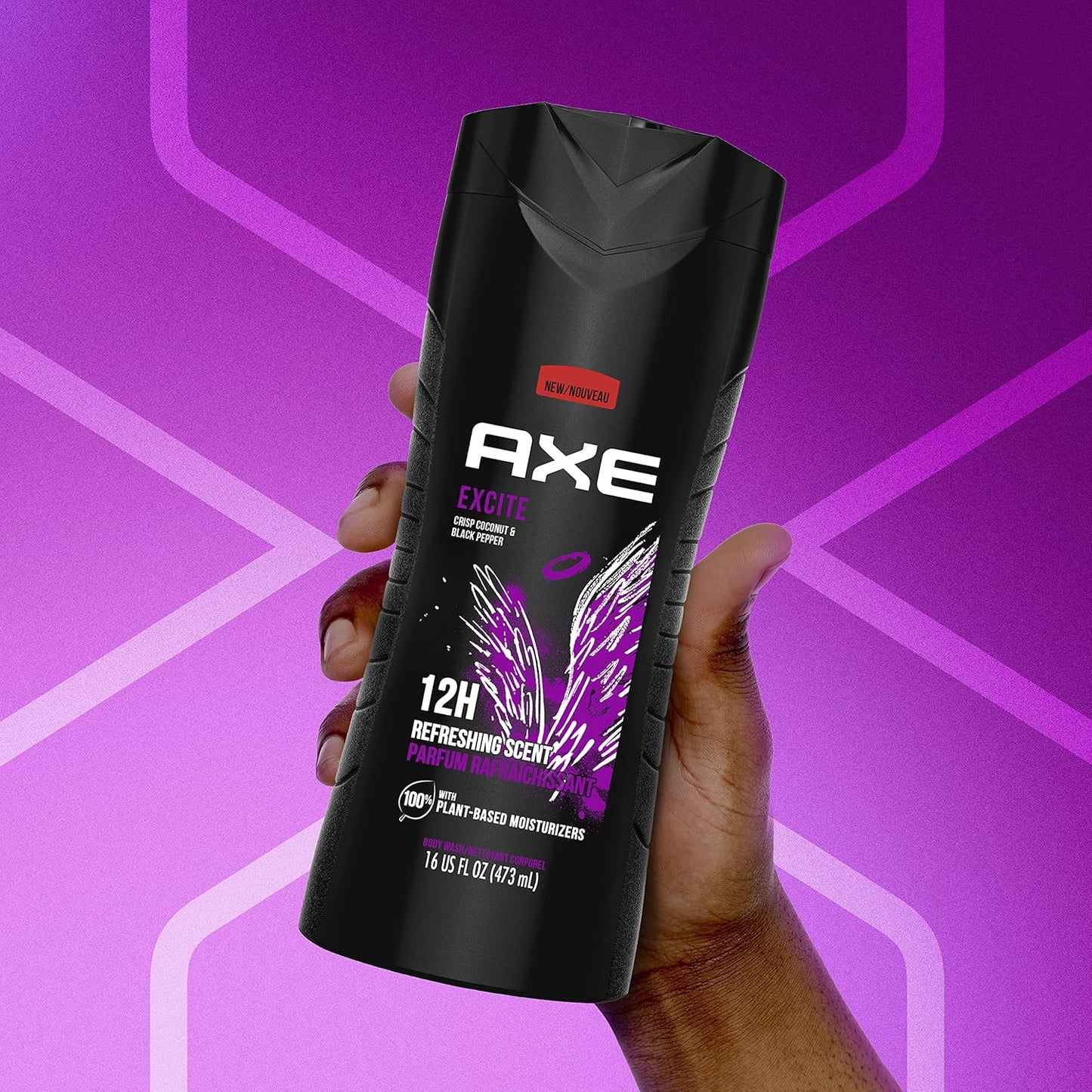AXE Body Wash 12h Refreshing Scent Excite Crisp Coconut and Black Pepper Men's Body Wash 100% Plant-Based (16 oz) Pack of 2
