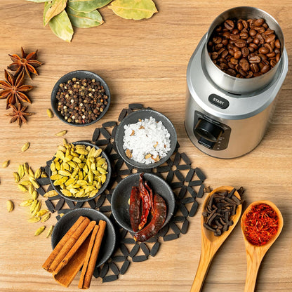 Mixpresso Elektriese Koffiemeul 12 Koppie Kapasiteit, 304 Vlekvrye Staal Lem, Espressoboonmeul, Verwyderbare Kamer, Elektriese Koffiemeul met 5 Voorafinstellings Vir Speserye en Meer