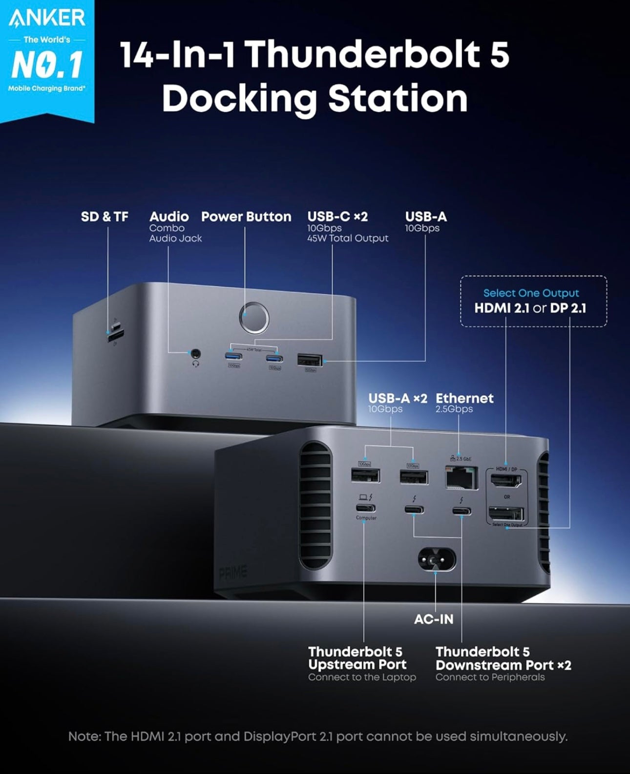 Anker TB5 Docking Station, 14 Ports Thunderbolt 5 Docking Station with 140W Max - NEW