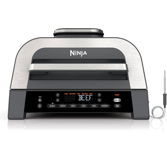 Ninja DG551 Foodi Smart XL 6-in-1 Binnebraaier met Lugbraai, Rooster, Bak, Braai en Dehidreer, Foodi Slim Termometer, 2de Generasie, Swart/Silwer