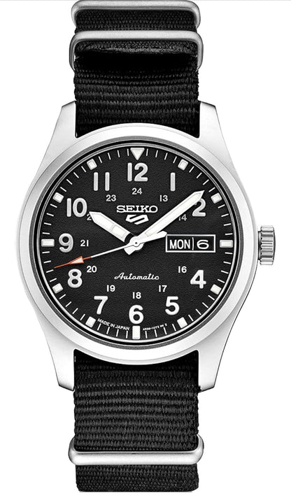 SEIKO Horlosie Outomaties m/ Handopwen-beweging, Swart Skakelaar, Vlekvrye Staal Kas, Swart Nylon Band, 100m Waterbestand