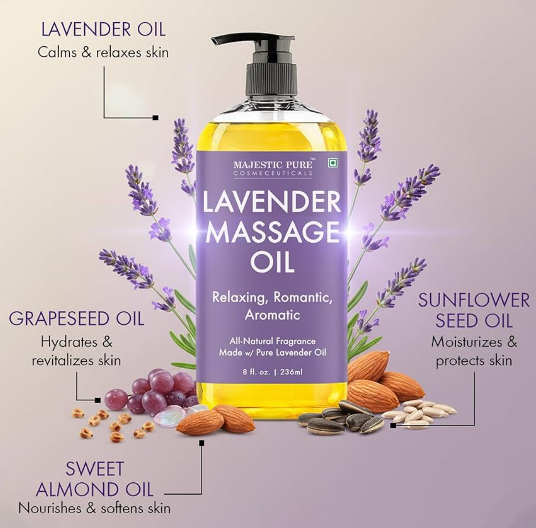 PURE Lavender Massage Oil for Massage Therapy - Refreshing, and Relaxing - Natural Oils with Lavender Essential Oil - for All Skin Types - Men and Women Massage Lotion - 8 fl oz